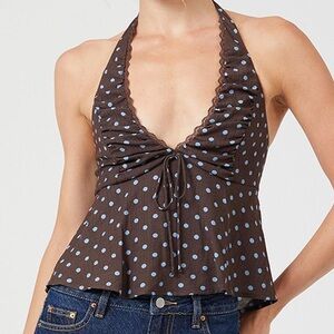 Beverly and Beck Brown and Blue Polka Dot Halter Blouse